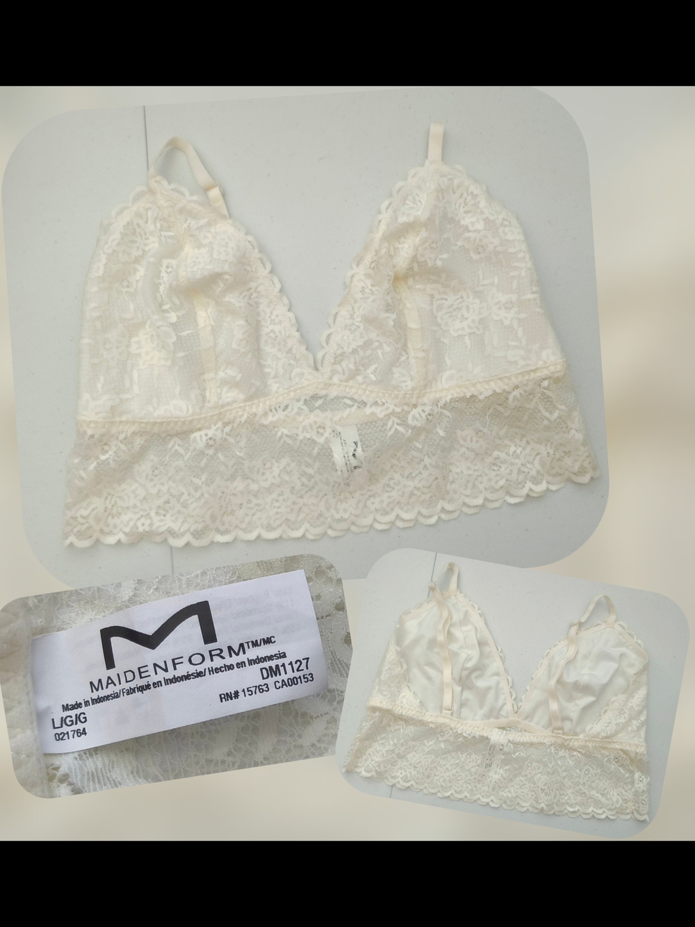 Maidenform Cream Lace Bralette with Scalloped Hem Size Lg Nwots